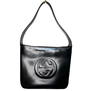 Gucci Soho Leather Shoulder Bag Black Embossed Interlocking GG